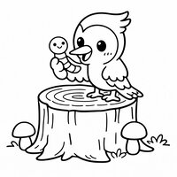 Coloriage pic vert kawaii sur une souche, il tient un petit ver qui sourit, champignons simples