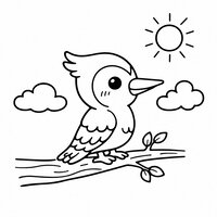 Coloriage pivert cartoon de profil perché sur une branche, soleil et nuages en contours