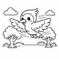 Coloriage pivert cartoon en vol, ailes arrondies, forêt stylisée avec deux arbres, dessin enfant