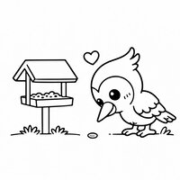 Coloriage pivert cartoon près d’une mangeoire de jardin, il regarde une graine au sol, petit cœur