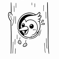 Coloriage pivert cartoon qui sort d’un trou dans un tronc, copeaux en contours, expression surprise
