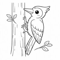 Coloriage pic vert semi réaliste simple accroché à un tronc, plumes en lignes larges, décor léger