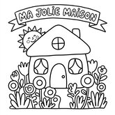 Coloriage printemps dessin d’enfant : maison et jardin fleuri, traits épais, facile (Toupty.com)