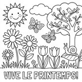 Coloriage printemps plus détaillé : scène avec fleurs, papillons et soleil, pour enfants 6-8 ans (Toupty.com)