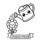 Coloriage printemps kawaii : arrosoir chibi avec grands yeux, fleur à côté, facile enfant (Toupty.com)