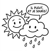 Coloriage printemps enfantin : soleil et nuage souriants, pluie légère, traits simples (Toupty.com)