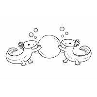 Coloriage deux protées (olms) cartoon qui jouent avec une grande bulle ronde, bulles autour et têtes allongées