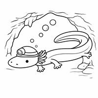 Coloriage protée (olm) cartoon spéléologue avec casque-lampe, nage devant une arche de grotte, bulles