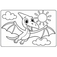 Coloriage ptérodactyle cartoon en vol avec soleil et nuages - Toupty.com