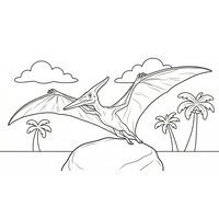 Coloriage ptérodactyle cartoon posé sur un rocher avec palmiers - Toupty.com