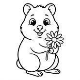 Coloriage quokka avec fleur à imprimer : quokka tenant une fleur, coloriage simple et mignon pour enfant (Toupty.com)