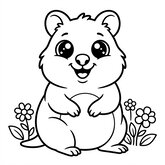 Coloriage quokka kawaii à imprimer : grands yeux et sourire, pose assise, dessin facile pour enfant (Toupty.com)