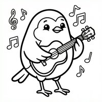 Coloriage rougegorge musicien jouant de la guitare, notes de musique en contours