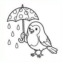 Coloriage rougegorge souriant avec un parapluie, gouttes de pluie en contours, scène simple