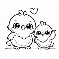 Coloriage deux rougegorges côte à côte, un grand et un bébé qui dit bonjour, petit cœur