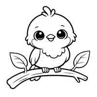 Coloriage rougegorge cartoon posé sur une branche, deux feuilles larges, dessin simple