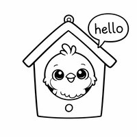 Coloriage nichoir en forme de maison, rougegorge qui sort la tête, bulle hello