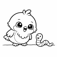 Coloriage rougegorge surpris avec un ver de terre cartoon qui sourit, scène drôle