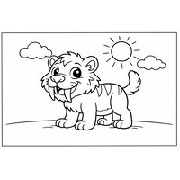 Coloriage smilodon cartoon rigolo de profil, dents de sabre douces (16:9) | Toupty.com