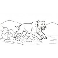 Coloriage smilodon cartoon en course, poussière/neige et collines (16:9) | Toupty.com