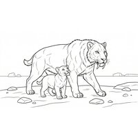 Coloriage deux smilodons réaliste épuré, adulte et jeune, posture protectrice (16:9) | Toupty.com