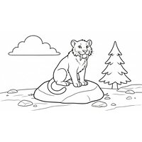 Coloriage smilodon cartoon assis sur un rocher, sapin stylisé et nuage (16:9) | Toupty.com