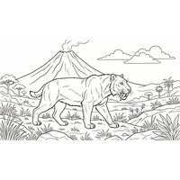 Coloriage smilodon réaliste épuré en plaine préhistorique, volcan stylisé et herbes (16:9) | Toupty.com