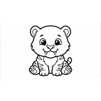 Coloriage bébé smilodon kids-friendly assis, petites dents de sabre arrondies (16:9) | Toupty.com