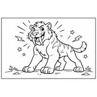 Coloriage smilodon style BD / comic en pose héroïque, traits comic autour (16:9) | Toupty.com