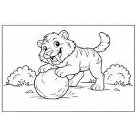 Coloriage smilodon cartoon qui joue avec une grosse balle, buissons simples (16:9) | Toupty.com
