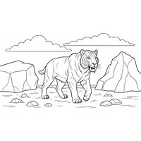 Coloriage smilodon semi-réaliste scène âge de glace, blocs de glace et nuages (16:9) | Toupty.com