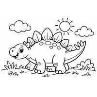 Coloriage stégosaure cartoon rigolo avec soleil et nuages