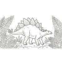 Coloriage stégosaure semi-réaliste avec grandes fougères stylisées