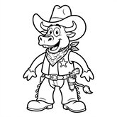 Personnage taureau habillé en cowboy avec chapeau et pistolet