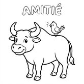 Dessin mignon d un taureau avec un petit oiseau sur le dos et le texte AMITIÉ