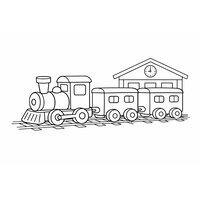 Coloriage petit train simple de profil gauche avec petite gare et horloge, locomotive et 2 wagons