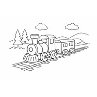 Coloriage petit train en trois-quarts avant gauche avec décor nature simple, sapins et collines