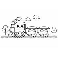 Coloriage petit train kawaii de profil droite, locomotive et 2 wagons, décor nature simple