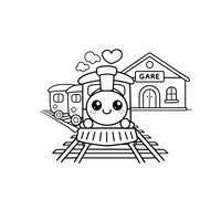 Coloriage petit train kawaii vu de face avec petite gare et panneau GARE