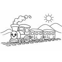 Coloriage petit train cartoon de profil gauche avec fumée en bulles, collines et soleil