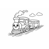 Coloriage petit train cartoon en trois-quarts avant droite, en mouvement sur les rails