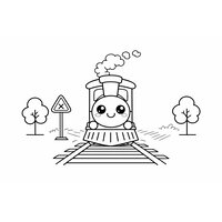 Coloriage petit train cartoon vu de face avec rails symétriques et deux arbres stylisés