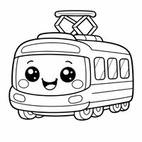Coloriage tramway kawaii avec grand visage souriant et joues rondes, facile pour enfant | Toupty.com