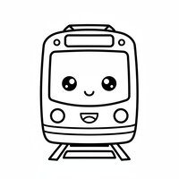 Coloriage tramway kawaii vu de face, composition symétrique avec grands yeux et sourire, enfant | Toupty.com