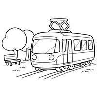 Coloriage tramway cartoon au parc avec arbres ronds et banc stylisé, facile pour enfant | Toupty.com