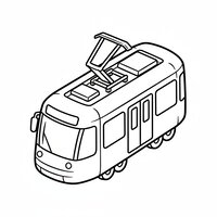 Coloriage tramway chibi en vue plongeante 3/4 supérieure, toit et pantographe simplifiés, enfant | Toupty.com