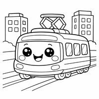 Coloriage tramway cartoon en ville avec rails et immeubles stylisés, facile pour enfant | Toupty.com