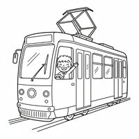 Coloriage tramway cartoon avec petit conducteur dans la cabine qui salue, enfant | Toupty.com
