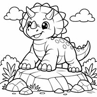 Coloriage tricératops sur un rocher avec nuages, plein cadre à imprimer