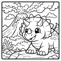 Coloriage tricératops au premier plan avec volcan stylisé, plein cadre à imprimer